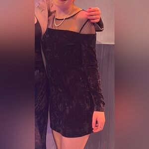 Velvet long sleeve black mini dress with mesh